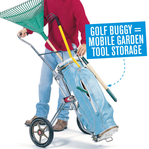Store garden tools in a golf buggy