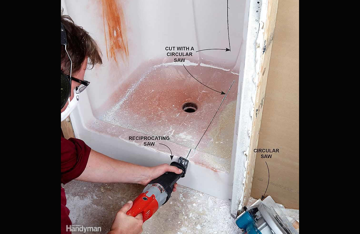 Cut fibreglass surround into pieces