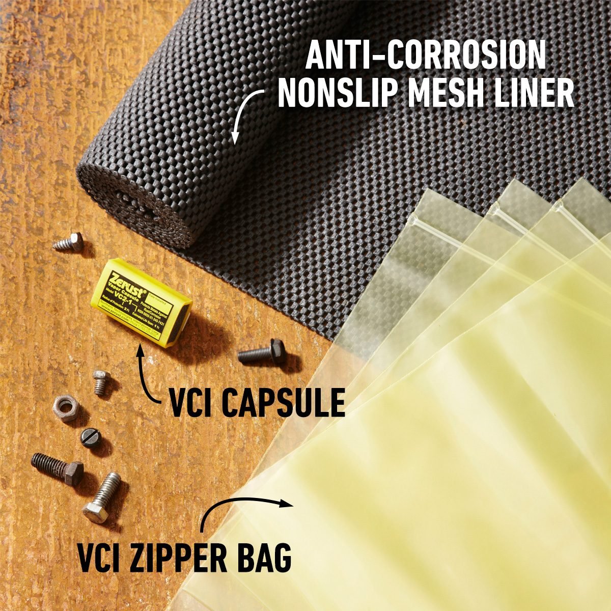 Anti-corrosion nonslip mesh liner, VCI capsule and VCI zipper bag