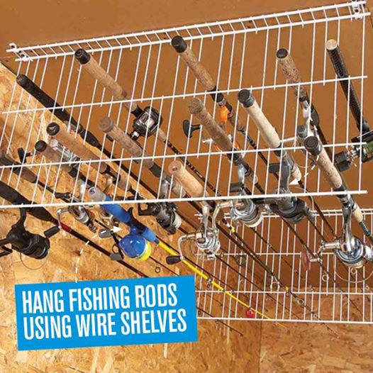 fishing rods hanging from wire shelving 