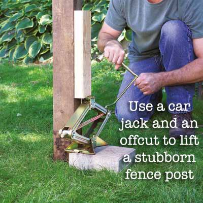 Handyman Magazine, DIY, Handy Hint, Use a car jack and an offcut to lift a stubborn fence pole 
