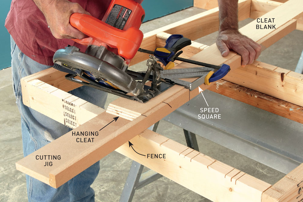 Man with jigsaw cutting wooden cleats, Handyman Magazine 