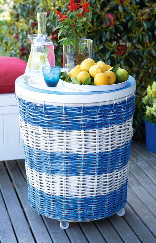 clothes hamper turned into outdoor basket 