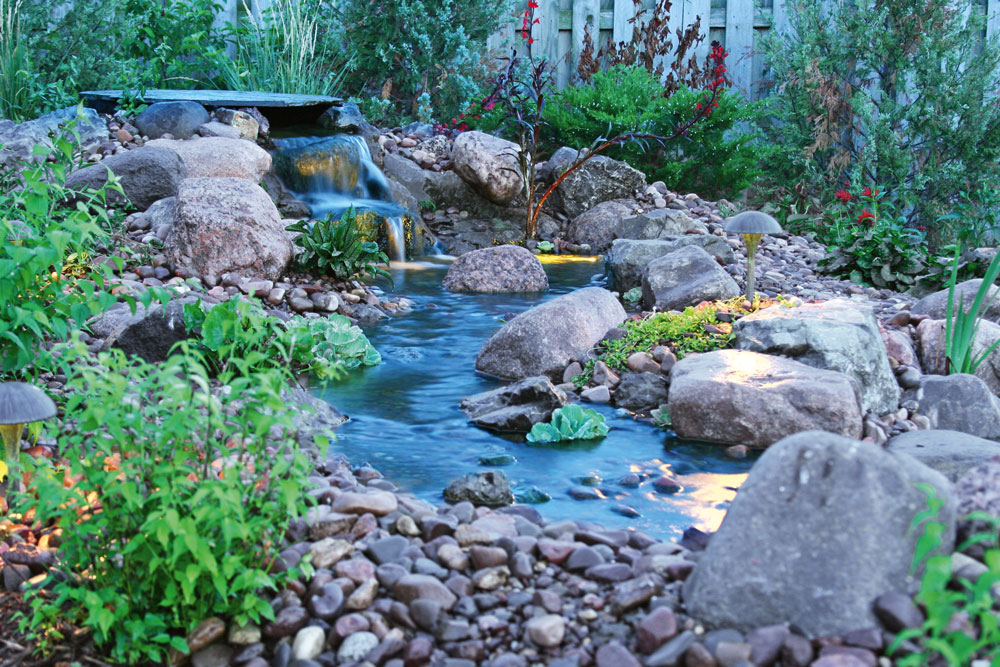 Water feature in garden with lights 