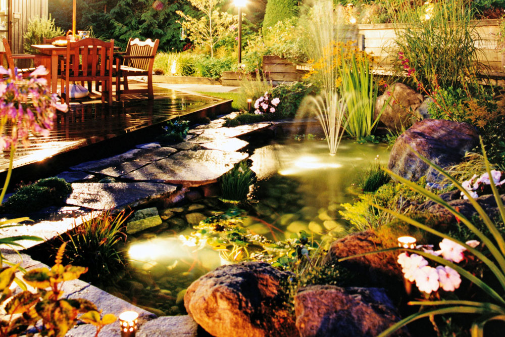 Pond with underwater lights 