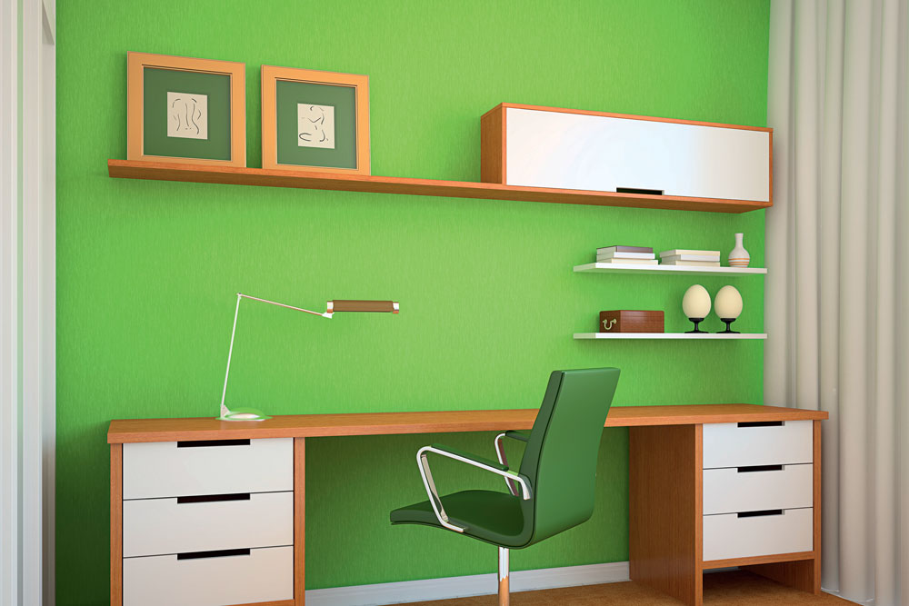 timber desk against green wall, handyman magazine, 
