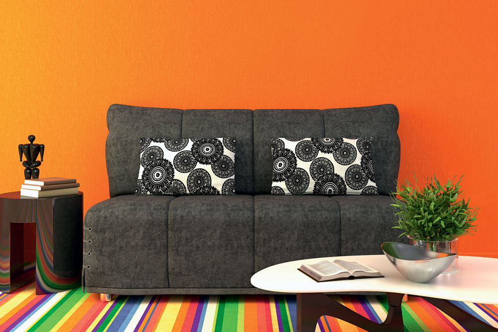 grey couch, orange wall, 