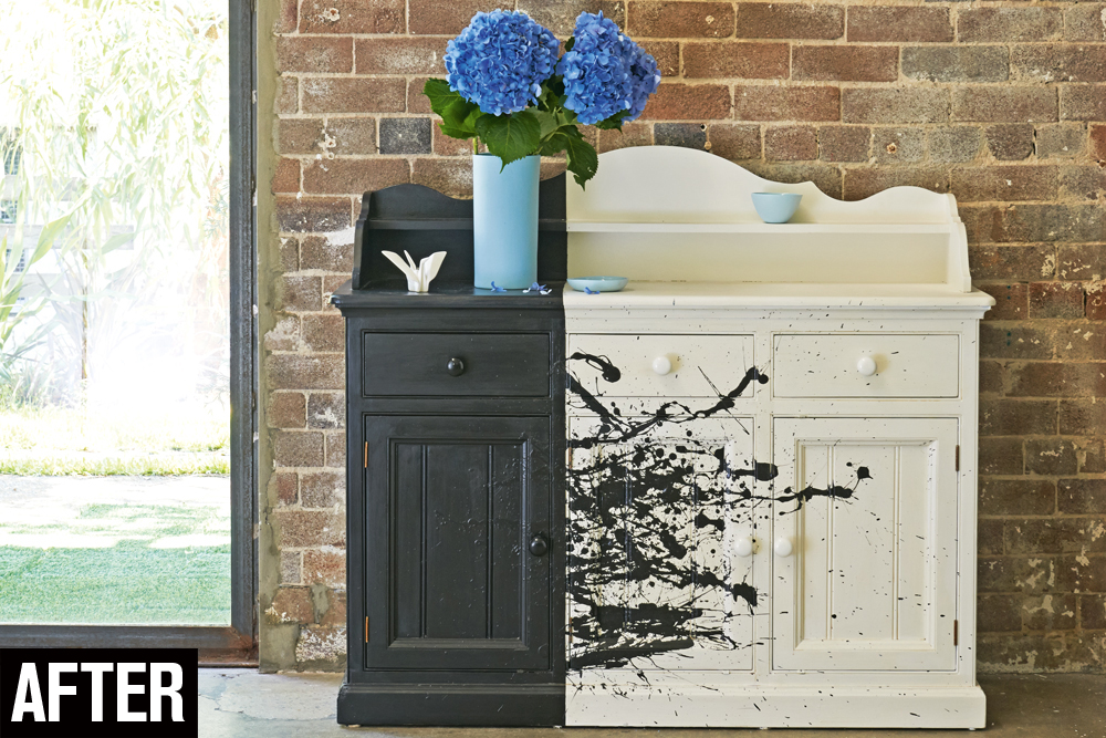 a three-door sideboard that has been upcycled with white and black paint and paint splatters, 3 easy upcycling projects, handyman magazine, 