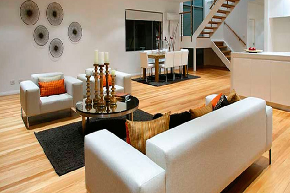 room with floorboards, styled,
