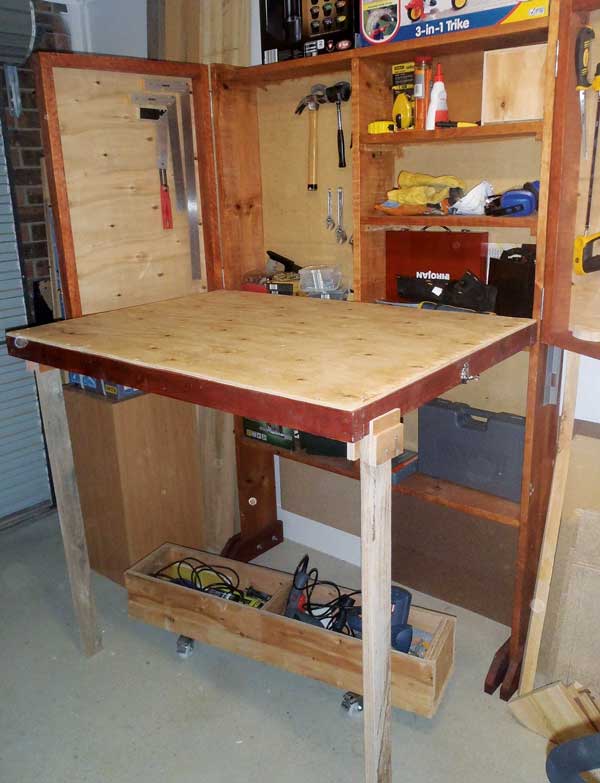 DIY foldaway workbench open, handyman magazine, 