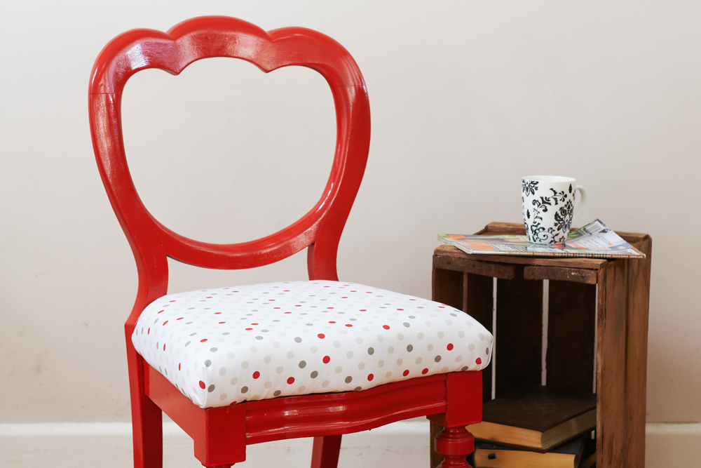 Red chair with white, red and grey polkadot upholstery, Upcycling Furniture, Handyman Magazine, DIY, 