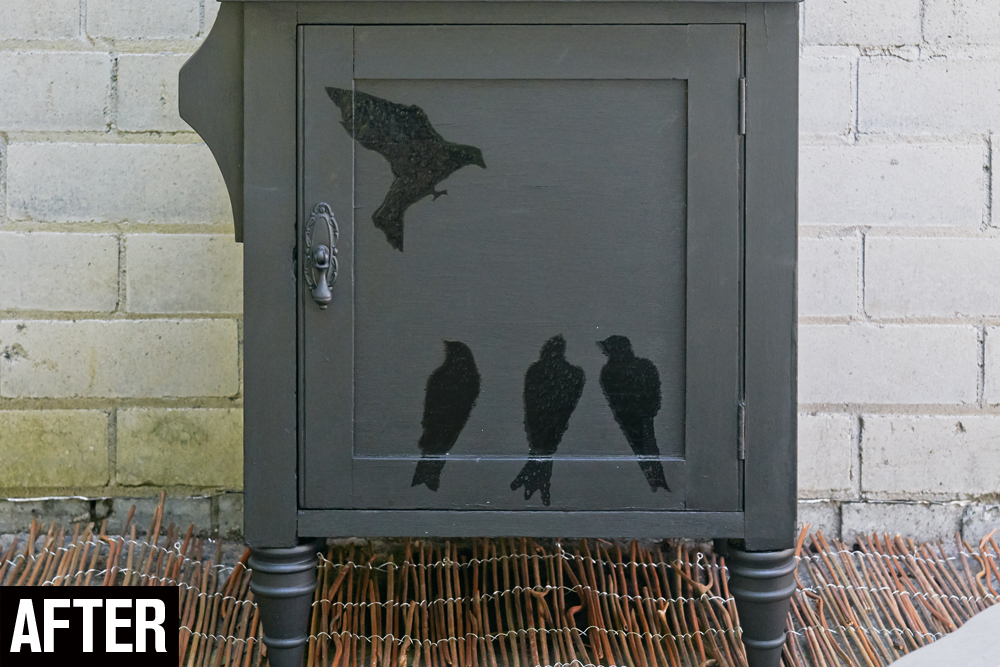 Upcycled timber cabinet with grey paint and black stencilling, Handyman Magazine, 3 Easy Upcycling Projects, 